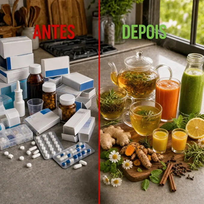 Antes: caixas de remédio e cartelas de comprimido. Depois: chás, sucos, gengibre, cúrcuma e ervas.