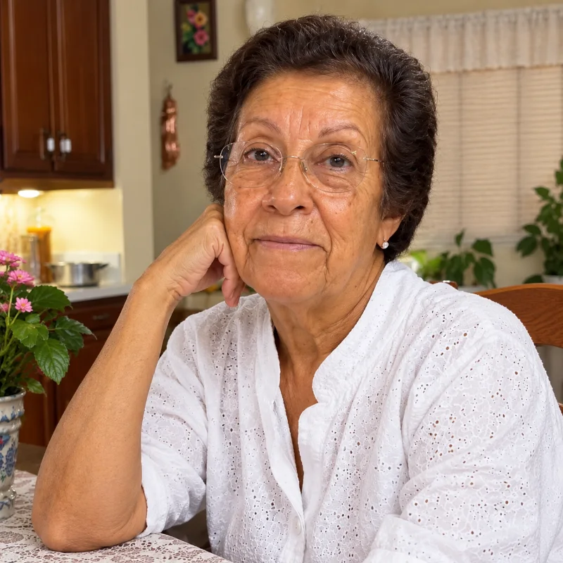 Dona Lúcia, 80 anos, na cozinha de casa