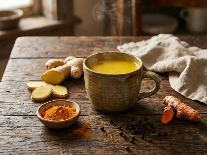 Chá de gengibre, cúrcuma e pimenta-do-reino